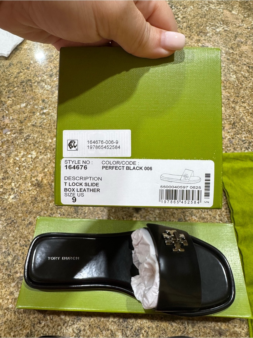 Tory Burch Black T‑Lock Slide Sandals Size 9